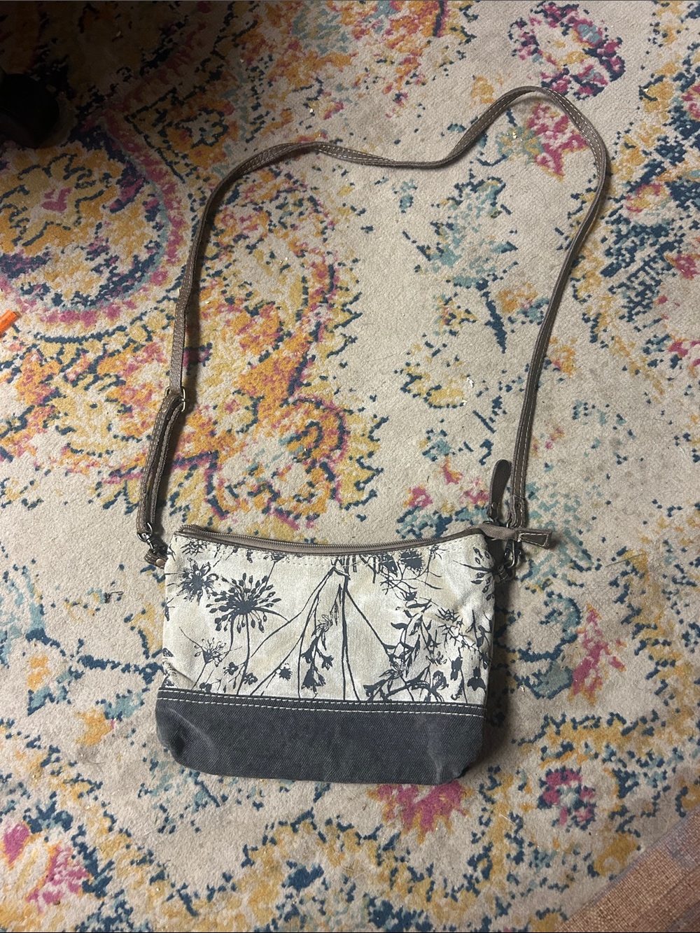 Myra Bag Floral Canvas Crossbody Bag in Cream and Gray with Adjustable Strap